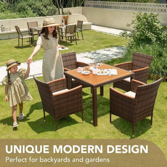 Alt view image 3 of 6 - 5 PCS Furniture, Patio Conversation Set with Acacia Wood Top, Rattan Outdoor Dining Table and Chairs for Backyard, Garden, Deck, Brown