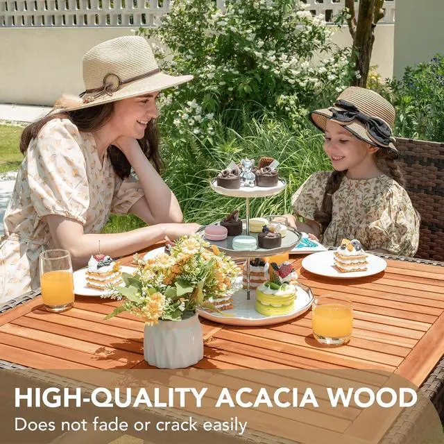 Alt view image 4 of 6 - 5 PCS Furniture, Patio Conversation Set with Acacia Wood Top, Rattan Outdoor Dining Table and Chairs for Backyard, Garden, Deck, Brown