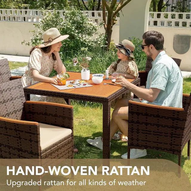 Alt view image 2 of 6 - 5 PCS Furniture, Patio Conversation Set with Acacia Wood Top, Rattan Outdoor Dining Table and Chairs for Backyard, Garden, Deck, Brown
