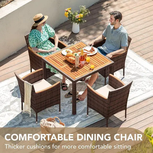 Alt view image 5 of 6 - 5 PCS Furniture, Patio Conversation Set with Acacia Wood Top, Rattan Outdoor Dining Table and Chairs for Backyard, Garden, Deck, Brown