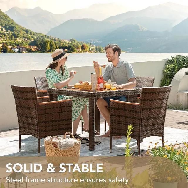 Alt view image 6 of 6 - 5 PCS Furniture, Patio Conversation Set with Acacia Wood Top, Rattan Outdoor Dining Table and Chairs for Backyard, Garden, Deck, Brown