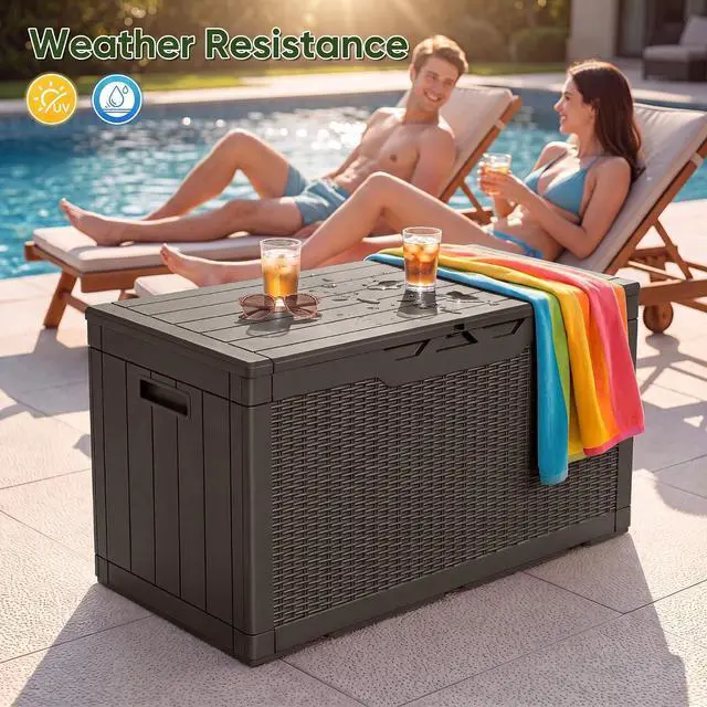 Alt view image 7 of 7 - Outdoor Storage Box 100 Gallon Waterproof Resin Deck Box Delivery with Air Rod Indoor Outdoor Lockable Storage Bench for Patio Cushions, Tools, Pool Accessories (Deep Brown)