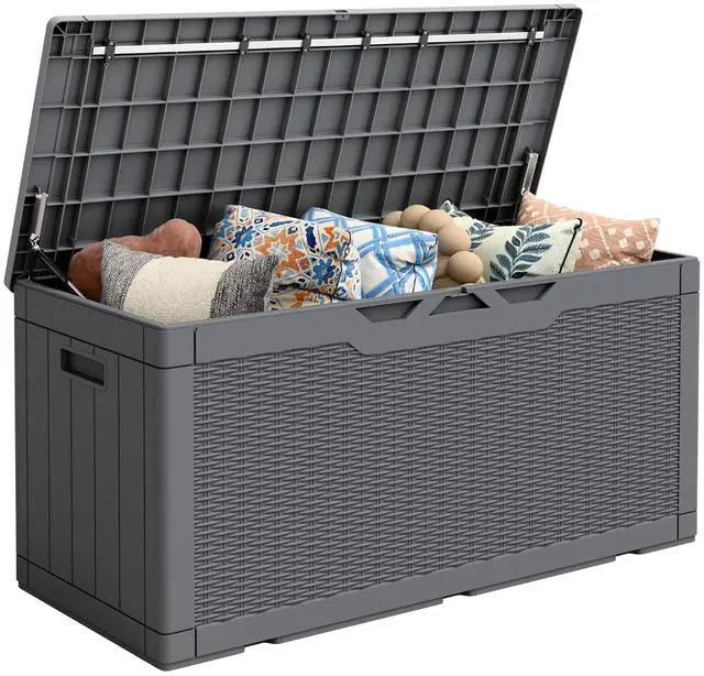 Main image of Outdoor Storage Box 100 Gallon Waterproof Resin Deck Box Delivery Box with Air Rod Indoor Outdoor Lockable Storage Bench for Patio Cushions, Tools, Pool Accessories (Gray)