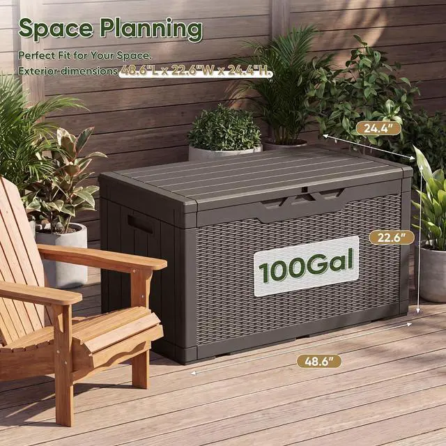 Alt view image 4 of 7 - Outdoor Storage Box 100 Gallon Waterproof Resin Deck Box Delivery with Air Rod Indoor Outdoor Lockable Storage Bench for Patio Cushions, Tools, Pool Accessories (Deep Brown)