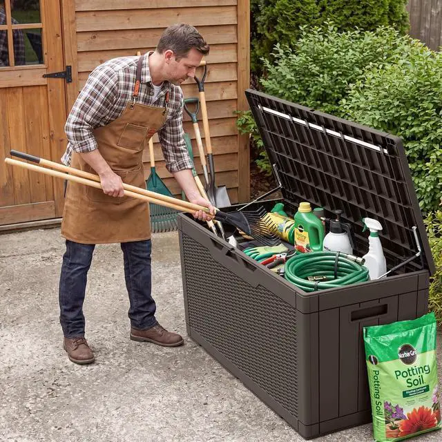 Alt view image 6 of 7 - Outdoor Storage Box 100 Gallon Waterproof Resin Deck Box Delivery with Air Rod Indoor Outdoor Lockable Storage Bench for Patio Cushions, Tools, Pool Accessories (Deep Brown)