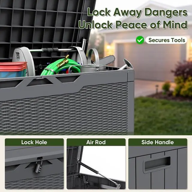 Alt view image 2 of 7 - Outdoor Storage Box 100 Gallon Waterproof Resin Deck Box Delivery Box with Air Rod Indoor Outdoor Lockable Storage Bench for Patio Cushions, Tools, Pool Accessories (Gray)