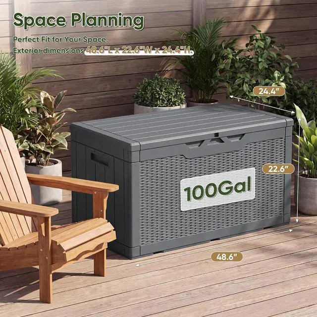 Alt view image 4 of 7 - Outdoor Storage Box 100 Gallon Waterproof Resin Deck Box Delivery Box with Air Rod Indoor Outdoor Lockable Storage Bench for Patio Cushions, Tools, Pool Accessories (Gray)