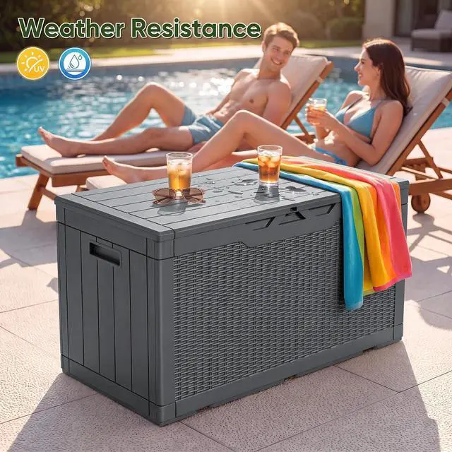 Alt view image 6 of 7 - Outdoor Storage Box 100 Gallon Waterproof Resin Deck Box Delivery Box with Air Rod Indoor Outdoor Lockable Storage Bench for Patio Cushions, Tools, Pool Accessories (Gray)