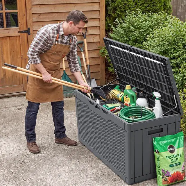 Alt view image 7 of 7 - Outdoor Storage Box 100 Gallon Waterproof Resin Deck Box Delivery Box with Air Rod Indoor Outdoor Lockable Storage Bench for Patio Cushions, Tools, Pool Accessories (Gray)