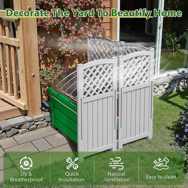 Alt view image 6 of 7 - Outdoor Privacy Fence, 4 Fence Panels Privacy Screen Panels for Outside and Yard, Resin Air Conditioner Lattice Fence for Trash Can (Light Gray)
