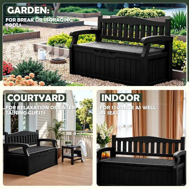 Alt view image 4 of 6 - 80 Gallon Storage Bench Outdoor Indoor, Durable All-Weather Seating with Hidden Storage, Lockable Deck Box for Garden, Patio, Poolside (Black)