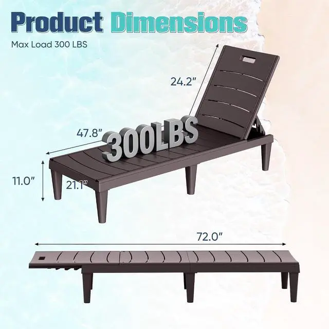 Alt view image 2 of 7 - Outdoor Chaise Lounge Chair Set of 2 with 5-Position Adjustable Back, Waterproof & Lightweight PP Lounge Chairs for Outside Pool Patio (Deep Brown)