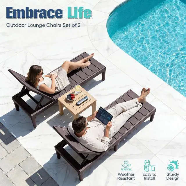 Alt view image 5 of 7 - Outdoor Chaise Lounge Chair Set of 2 with 5-Position Adjustable Back, Waterproof & Lightweight PP Lounge Chairs for Outside Pool Patio (Deep Brown)