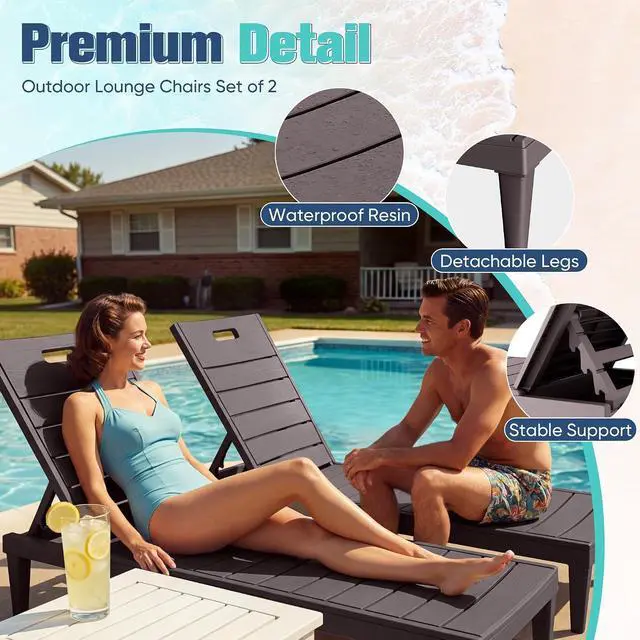 Alt view image 3 of 7 - Outdoor Chaise Lounge Chair Set of 2 with 5-Position Adjustable Back, Waterproof & Lightweight PP Lounge Chairs for Outside Pool Patio (Deep Brown)