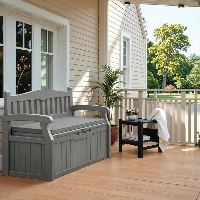 Alt view image 2 of 7 - 80 Gallon Storage Bench with Cushions Outdoor Indoor, Durable All-Weather Seating with Hidden Storage, Lockable Deck Box for Garden, Patio, Poolside (Grey)