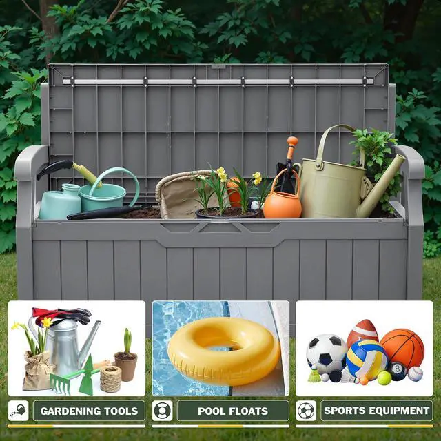 Alt view image 6 of 7 - 80 Gallon Storage Bench with Cushions Outdoor Indoor, Durable All-Weather Seating with Hidden Storage, Lockable Deck Box for Garden, Patio, Poolside (Grey)