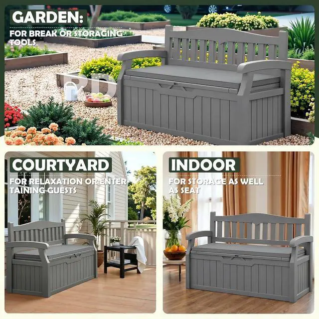 Alt view image 5 of 7 - 80 Gallon Storage Bench with Cushions Outdoor Indoor, Durable All-Weather Seating with Hidden Storage, Lockable Deck Box for Garden, Patio, Poolside (Grey)