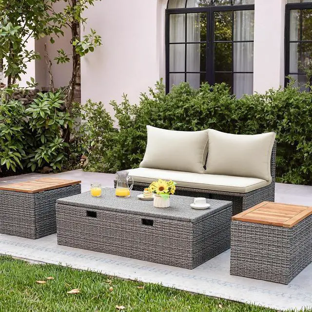 Alt view image 2 of 7 - Outdoor Rattan Daybed with 2 Side Tables, Multifunctional Wicker Patio Sofa with Storage Ottoman, Cushions, Sunbed Wicker Furniture Chaise Lounge Chair for Backyard Porch Poolside(Beige)