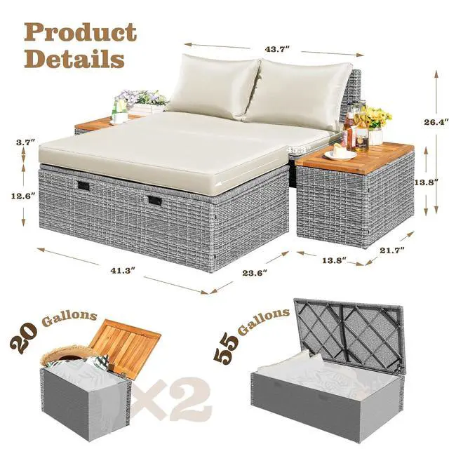 Alt view image 3 of 7 - Outdoor Rattan Daybed with 2 Side Tables, Multifunctional Wicker Patio Sofa with Storage Ottoman, Cushions, Sunbed Wicker Furniture Chaise Lounge Chair for Backyard Porch Poolside(Beige)