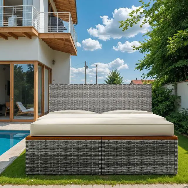 Alt view image 4 of 7 - Outdoor Rattan Daybed with 2 Side Tables, Multifunctional Wicker Patio Sofa with Storage Ottoman, Cushions, Sunbed Wicker Furniture Chaise Lounge Chair for Backyard Porch Poolside(Beige)