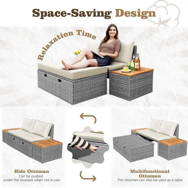 Alt view image 7 of 7 - Outdoor Rattan Daybed with 2 Side Tables, Multifunctional Wicker Patio Sofa with Storage Ottoman, Cushions, Sunbed Wicker Furniture Chaise Lounge Chair for Backyard Porch Poolside(Beige)