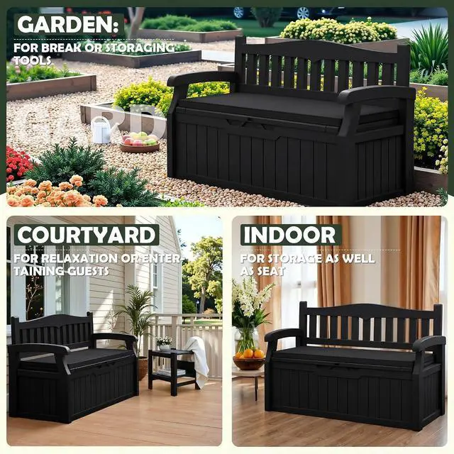 Alt view image 5 of 7 - 80 Gallon Storage Bench with Cushions Outdoor Indoor, Durable All-Weather Seating with Hidden Storage, Lockable Deck Box for Garden, Patio, Poolside (Black)
