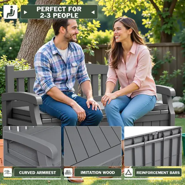 Alt view image 4 of 7 - 80 Gallon Storage Bench with Cushions Outdoor Indoor, Durable All-Weather Seating with Hidden Storage, Lockable Deck Box for Garden, Patio, Poolside (Grey)