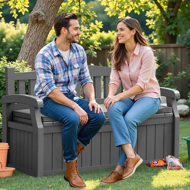 Alt view image 7 of 7 - 80 Gallon Storage Bench with Cushions Outdoor Indoor, Durable All-Weather Seating with Hidden Storage, Lockable Deck Box for Garden, Patio, Poolside (Grey)