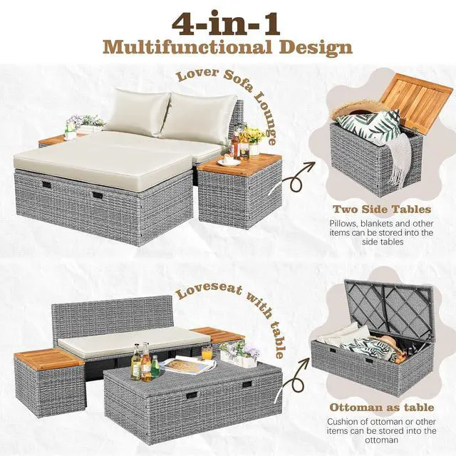 Alt view image 6 of 7 - Outdoor Rattan Daybed with 2 Side Tables, Multifunctional Wicker Patio Sofa with Storage Ottoman, Cushions, Sunbed Wicker Furniture Chaise Lounge Chair for Backyard Porch Poolside(Beige)