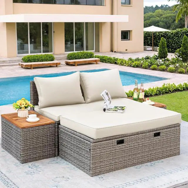 Alt view image 5 of 7 - Outdoor Rattan Daybed with 2 Side Tables, Multifunctional Wicker Patio Sofa with Storage Ottoman, Cushions, Sunbed Wicker Furniture Chaise Lounge Chair for Backyard Porch Poolside(Beige)