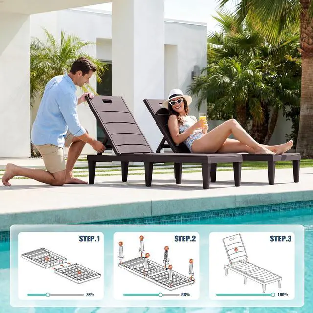 Alt view image 6 of 7 - Outdoor Chaise Lounge Chair Set of 2 with 5-Position Adjustable Back, Waterproof & Lightweight PP Lounge Chairs for Outside Pool Patio (Deep Brown)
