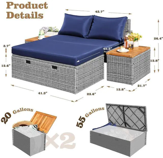Alt view image 3 of 7 - Outdoor Rattan Lounge Chair with 2 Side Tables, Multifunctional Outdoor Patio Daybed with Footrest, Cushions, Storage Ottoman,Chaise Lounge Chair for Backyard Porch Poolside(Deep Blue)