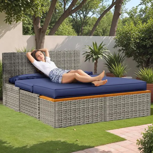 Alt view image 4 of 7 - Outdoor Rattan Lounge Chair with 2 Side Tables, Multifunctional Outdoor Patio Daybed with Footrest, Cushions, Storage Ottoman,Chaise Lounge Chair for Backyard Porch Poolside(Deep Blue)