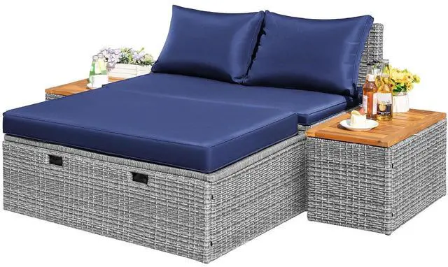 Main image of Outdoor Rattan Lounge Chair with 2 Side Tables, Multifunctional Outdoor Patio Daybed with Footrest, Cushions, Storage Ottoman,Chaise Lounge Chair for Backyard Porch Poolside(Deep Blue)