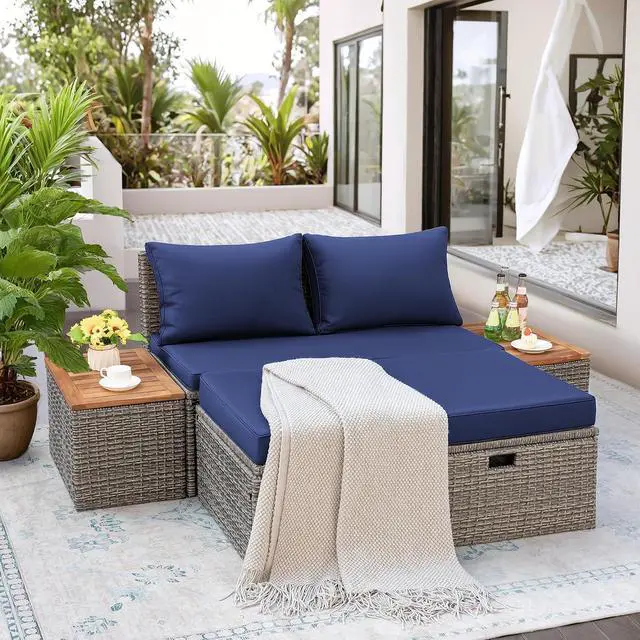 Alt view image 5 of 7 - Outdoor Rattan Lounge Chair with 2 Side Tables, Multifunctional Outdoor Patio Daybed with Footrest, Cushions, Storage Ottoman,Chaise Lounge Chair for Backyard Porch Poolside(Deep Blue)