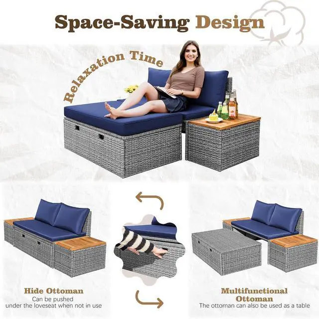 Alt view image 6 of 7 - Outdoor Rattan Lounge Chair with 2 Side Tables, Multifunctional Outdoor Patio Daybed with Footrest, Cushions, Storage Ottoman,Chaise Lounge Chair for Backyard Porch Poolside(Deep Blue)
