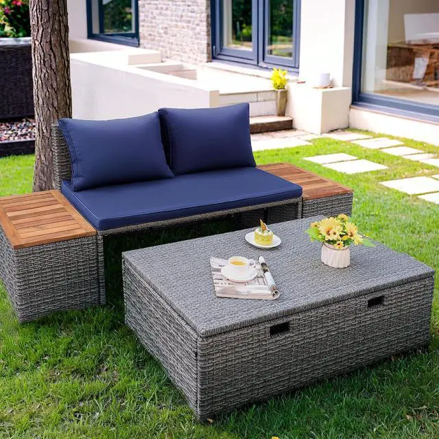Alt view image 2 of 7 - Outdoor Rattan Lounge Chair with 2 Side Tables, Multifunctional Outdoor Patio Daybed with Footrest, Cushions, Storage Ottoman,Chaise Lounge Chair for Backyard Porch Poolside(Deep Blue)