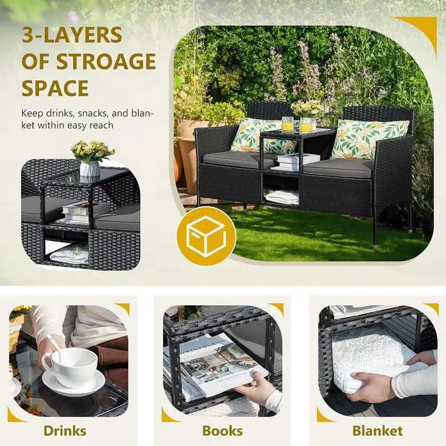 Alt view image 3 of 7 - Outdoor Furniture Patio Loveseat Wicker 2-Seat with Built-in Table and Cushions Rattan Porch Chairs Bench for Balcony, Lawn, Backyard (Grey)