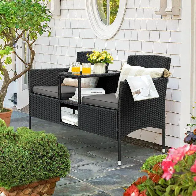 Alt view image 2 of 7 - Outdoor Furniture Patio Loveseat Wicker 2-Seat with Built-in Table and Cushions Rattan Porch Chairs Bench for Balcony, Lawn, Backyard (Grey)
