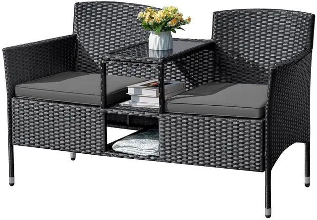 Main image of Outdoor Furniture Patio Loveseat Wicker 2-Seat with Built-in Table and Cushions Rattan Porch Chairs Bench for Balcony, Lawn, Backyard (Grey)