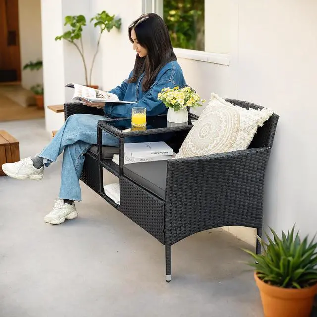 Alt view image 5 of 7 - Outdoor Furniture Patio Loveseat Wicker 2-Seat with Built-in Table and Cushions Rattan Porch Chairs Bench for Balcony, Lawn, Backyard (Grey)