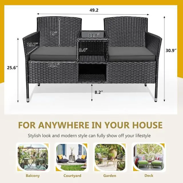 Alt view image 6 of 7 - Outdoor Furniture Patio Loveseat Wicker 2-Seat with Built-in Table and Cushions Rattan Porch Chairs Bench for Balcony, Lawn, Backyard (Grey)
