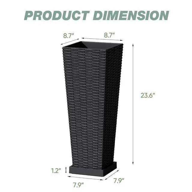 Alt view image 2 of 7 - Set of 2 Resin Rattan Planters with Tray for Indoor Outdoor, 24'' Tall Flower Pots with Drainage Holes&Inner Pot, Tapered Planters for Garden, Patio, Porch (Black, Small)