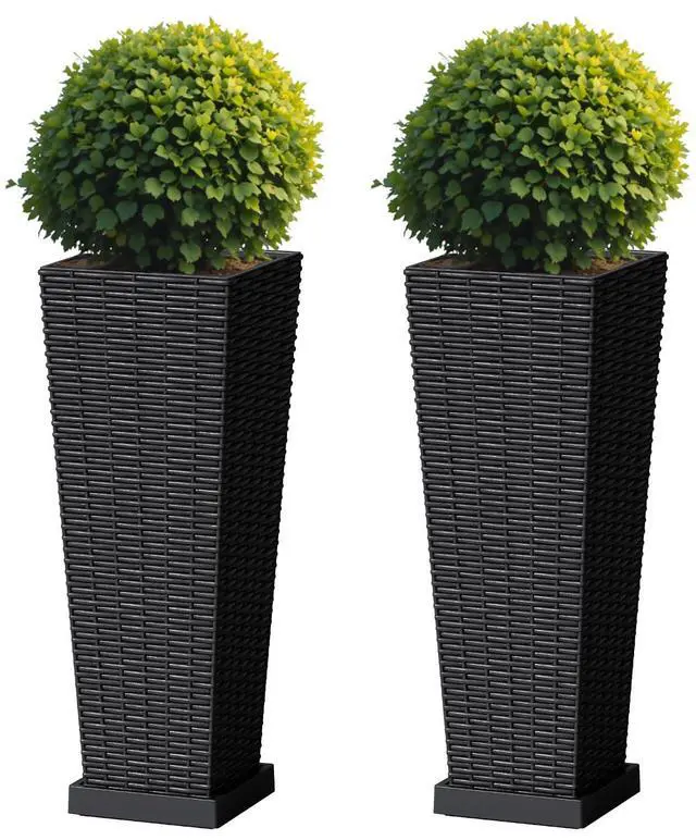 Main image of Set of 2 Resin Rattan Planters with Tray for Indoor Outdoor, 24'' Tall Flower Pots with Drainage Holes&Inner Pot, Tapered Planters for Garden, Patio, Porch (Black, Small)