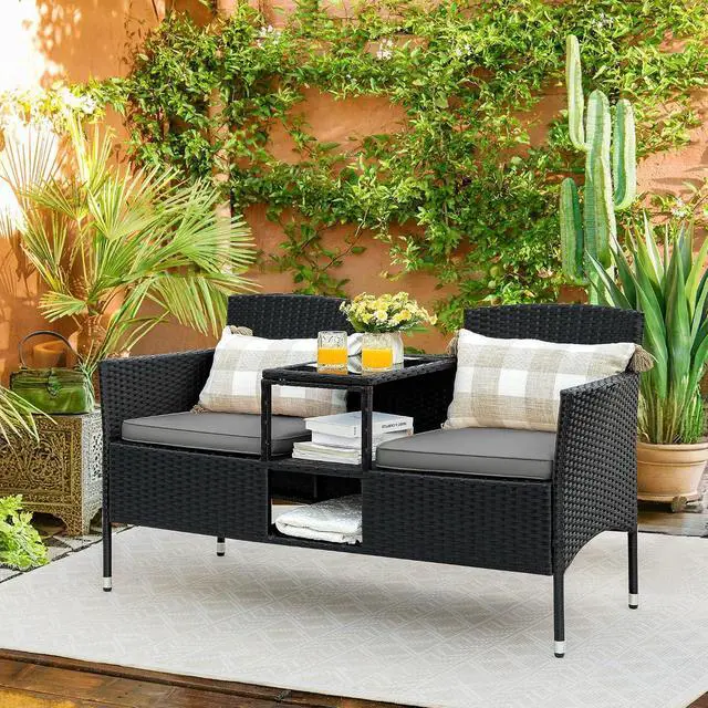 Alt view image 7 of 7 - Outdoor Furniture Patio Loveseat Wicker 2-Seat with Built-in Table and Cushions Rattan Porch Chairs Bench for Balcony, Lawn, Backyard (Grey)