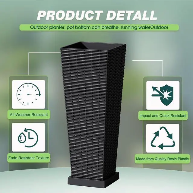 Alt view image 3 of 7 - Set of 2 Resin Rattan Planters with Tray for Indoor Outdoor, 24'' Tall Flower Pots with Drainage Holes&Inner Pot, Tapered Planters for Garden, Patio, Porch (Black, Small)