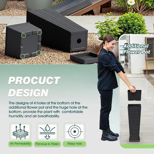 Alt view image 5 of 7 - Set of 2 Resin Rattan Planters with Tray for Indoor Outdoor, 24'' Tall Flower Pots with Drainage Holes&Inner Pot, Tapered Planters for Garden, Patio, Porch (Black, Small)