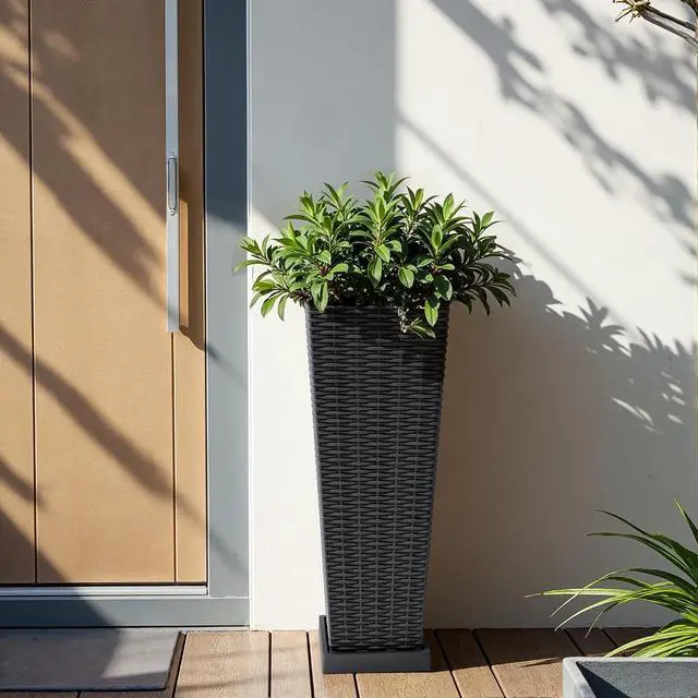Alt view image 6 of 7 - Set of 2 Resin Rattan Planters with Tray for Indoor Outdoor, 24'' Tall Flower Pots with Drainage Holes&Inner Pot, Tapered Planters for Garden, Patio, Porch (Black, Small)