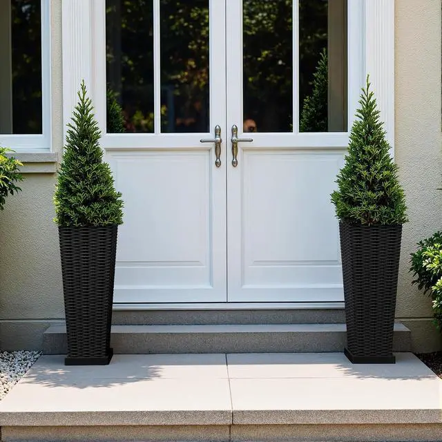 Alt view image 7 of 7 - Set of 2 Resin Rattan Planters with Tray for Indoor Outdoor, 24'' Tall Flower Pots with Drainage Holes&Inner Pot, Tapered Planters for Garden, Patio, Porch (Black, Small)