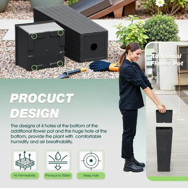 Alt view image 2 of 7 - Resin Rattan-Design Planters Set of 2, 24'' Tall Flowerpot with Additional Pot for Soil, Durable Weather-Resistant Planter with Drainage Holes for Garden, Patio, Backyard (Black, Small)